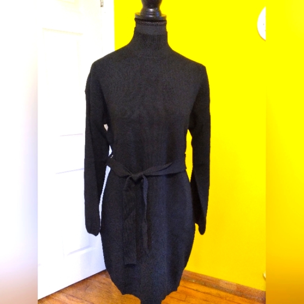 🎄 Wynter Plaid & Pleather Knit Long Sleeve Black Tie Sash Midi Dress Sz M